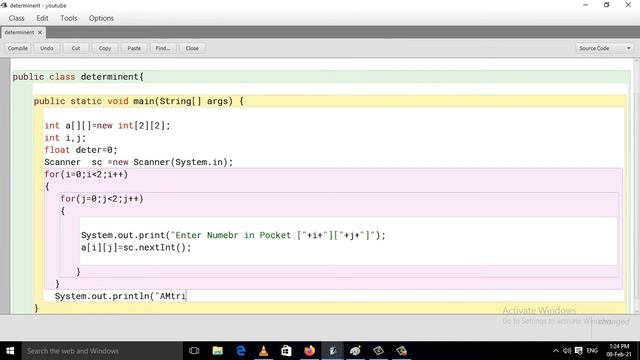 Java program to find Determinant of 2*2  Matrix (Hindi)