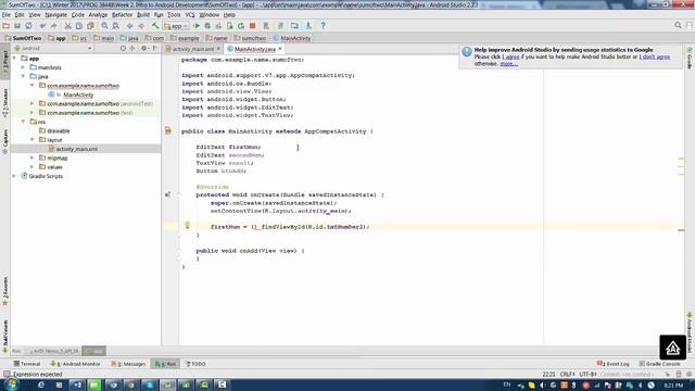 Android Studio  : How to Start Programming - Lesson 3 -Adding Two Numbers