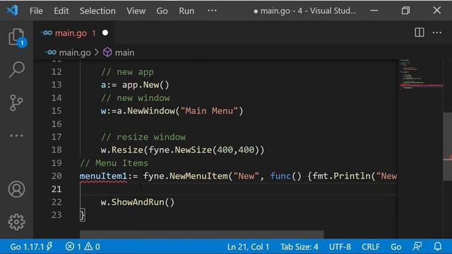 Menu Items - Fyne GUI Golang tutorial 35