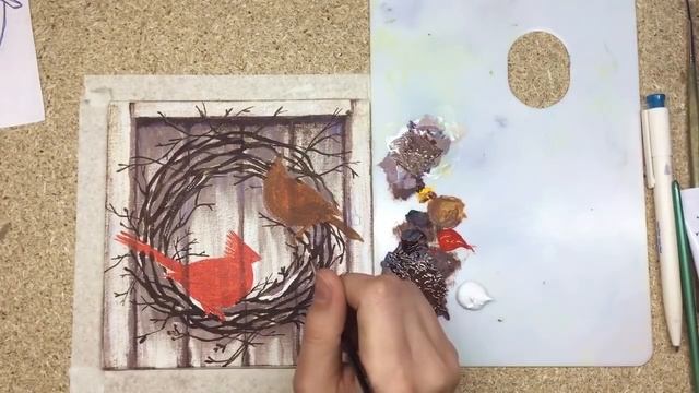 «Птицы. Кардиналы и Зимний венок» как нарисовать АКРИЛ | Сезон 2-7 |Мастер-класс ДЕМО