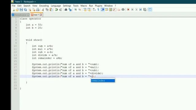 Operators in Java with Notepad++