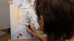 "Ромашки и вишни. Натюрморт". Лессировка фона. Часть 3