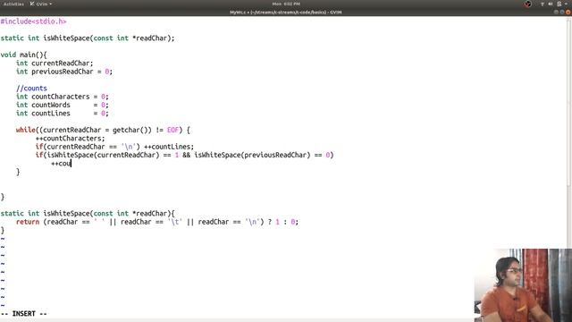 C Live Coding : Implement word count, line count, charachter count utility on linux