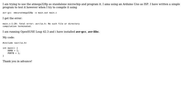Arduino: avr/io.h No such file or directory error when compiling using avr-gcc