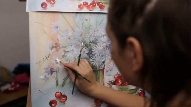 "Ромашки и вишни. Натюрморт". Пишем ромашки. Часть 4 смотреть онлайн