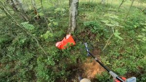 Коп металлолома с металлоискателем в лесу около поля