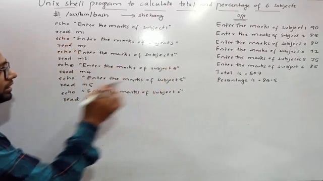How to write Unix/Linux shell program to calculate total and percentage of six subjects Part-3