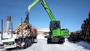Sennebogen 730 MHD, выгрузка лесовоза в штабель. Производительность.