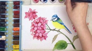 «Цветы. Птица и гортензия» как нарисовать АКВАРЕЛЬ| Сезон 3-2 |Мастер-класс ДЕМО