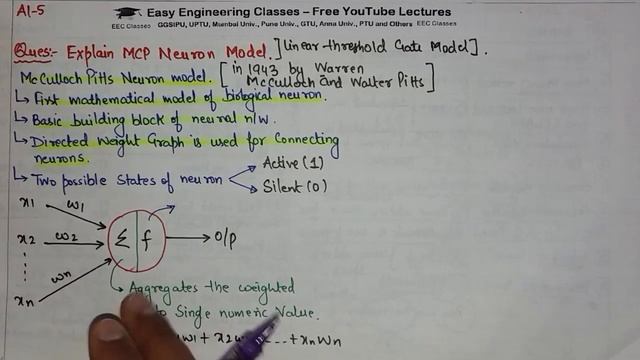 L85: MCP(McCulloch Pitts Neuron Model) | Artificial Intelligence Lectures(Course) in Hindi