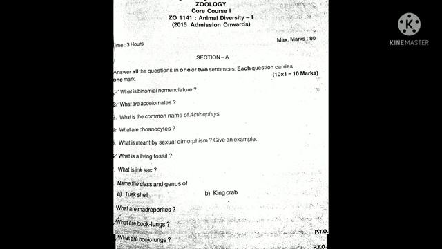 BSC ZOOLOGY|FIRST YEAR|SEM=1||Kerala university||previous year question paper||