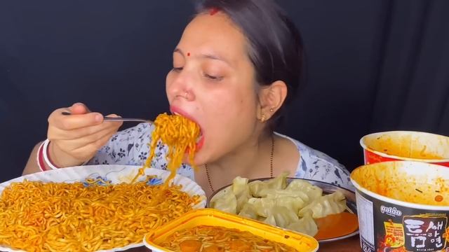 Real Mukbang: Eating Spicy Korean Kimchi Fire Noodles, Chicken Momos, Schezwan Noodles| Eating Vlog