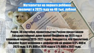 Маткапитал на первого ребёнка увеличат в 2025 году на 46 тыс. рублей