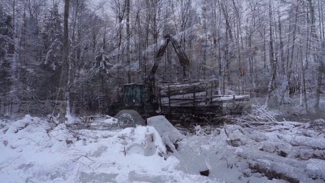 Timberjack 810B logging in snowy winter forest
