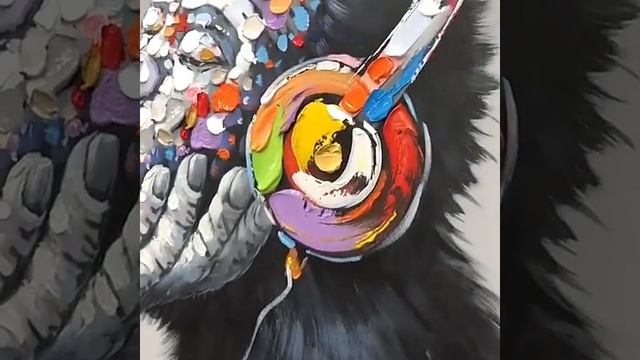 Оригинальная картина маслом на холсте Обезьяна в наушниках смотреть онлайн