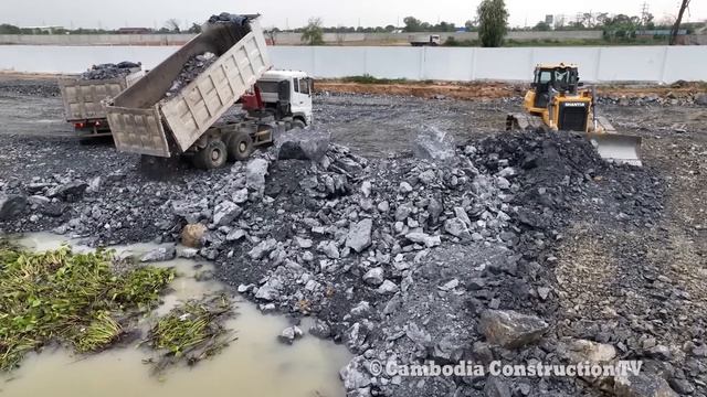 Осушение болота. Бульдозер засыпает водную поверхность камнями и грунтом