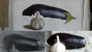 [21] Баклажан и чеснок. Акварель. Живопись.