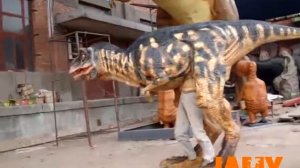 Walking robotic T-rex dinosaur costume with black and yellow color