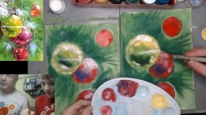 Как рисовать ёлочные игрушки на ветке