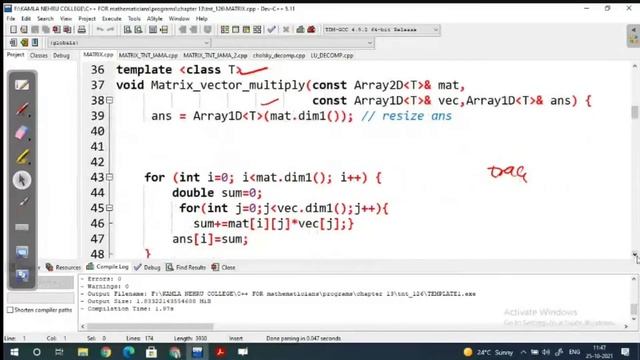C++ Lec 85 Linear Algebra 3; templates Scalar Matrix, Matrix vector Multiplication Matrix operation