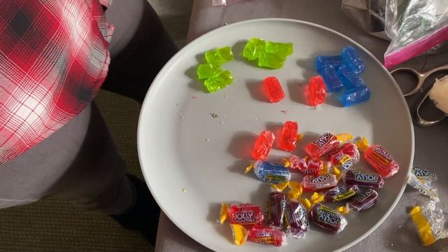 Using Jolly Ranchers to make stained glass windows for our gingerbread houses