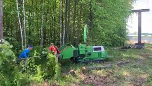 Измельчение веток в щепу гусеничной самоходной дробилкой в Московской области