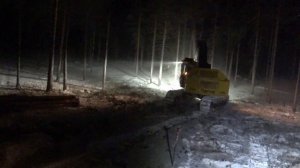 Канадская валочно-пакетирующая машина Tigercat 870C убирает лес в ночную смену