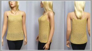 Вяжем золотой топик ажурным узором на спицах.