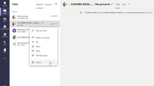 Microsoft Teams Tutorial - Using Chat - Leaving Chats - 17