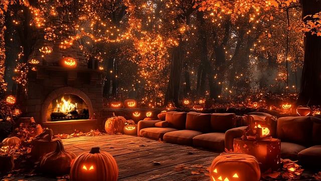 Fall Jazz Playlist with Halloween Ambience🍂 Pumpkin Glow, Rain & Fireplace Sounds for Stress Relief