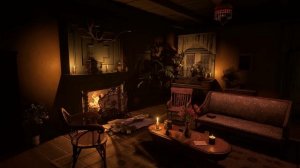 Уютная гостиная с камином и звуками проливного дождя с громом для сна