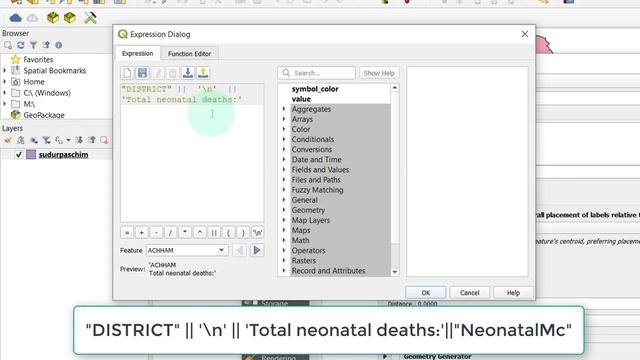How to add labels with multiple variables in attribute table to features(polygon/points) in QGIS?