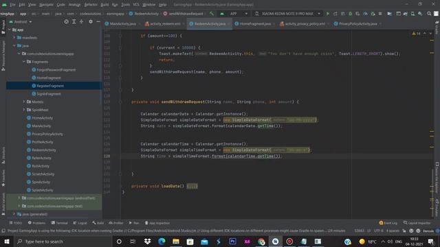 How to Create Earning App in Android Studio,  Redeem activity and Privacy Policy   | Part 10
