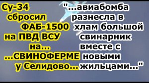 СУ 34 сбросил ФАБ 1500 УМПК на ПВД ВСУ в СВИНАРНИКЕ у села Новоселидовка между Селидово и Курахово