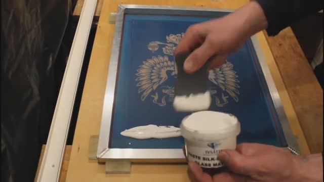 Silkscreen printing. Etching glass with cream.