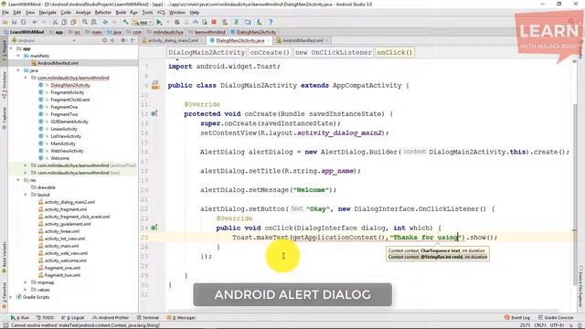 #Android App Development Tutorial in Hindi - 32 - Android Alert Dialog - Learn with Milind - हिंदी