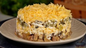 Слоёная вкуснятина.
САЛАТ С ШАМПИНЬОНАМИ, ОГУРЦАМИ И СЫРОМ