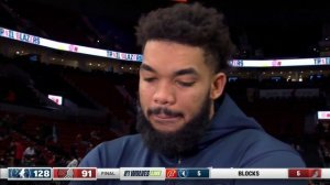 Karl-Anthony Towns reacts after win over Portland Trail Blazers