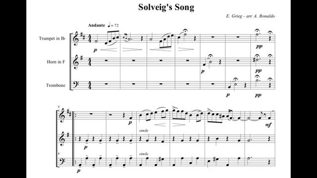Solveig's Song (E. Grieg) for brass trio with sheet music (link in description) смотреть онлайн