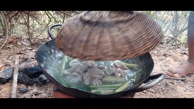 Spicy Octopus Salad Thai Style Recipe, Tasty Seafood Salad Cooking In Forest