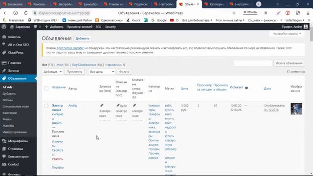 Обзор админки доски объявлений под управлением WordPress смотреть онлайн