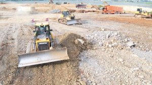 Huge Land Filling Up New Gen SHANTUI Dozer Dump Truck Moving Pushing Rock Soil By Skills Operator
