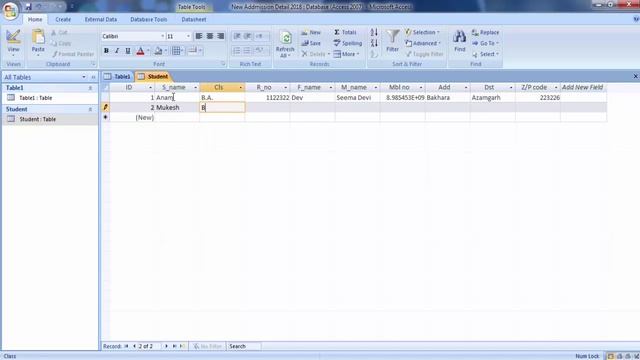 Microsoft Office Access 2007 Database Student Admission Detail