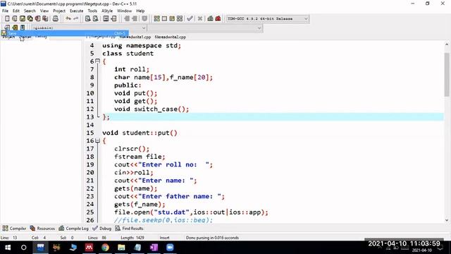 10-04-2021 C++ Binary File IO functions read() & write() with example programs - part1