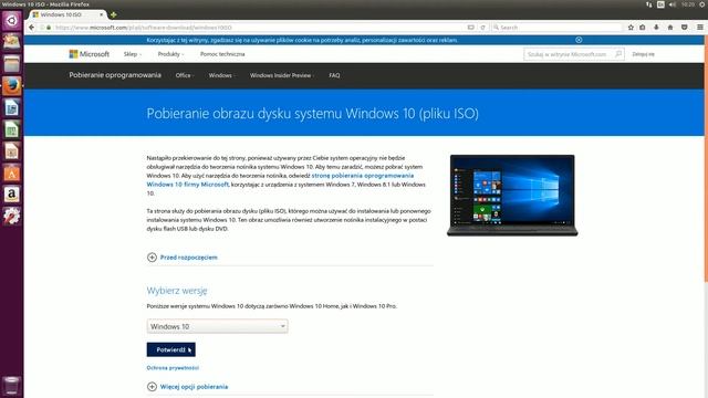 Pobieranie pliku ISO zawierającego instalator systemu Windows 10 przy użyciu Linuksa Ubuntu.