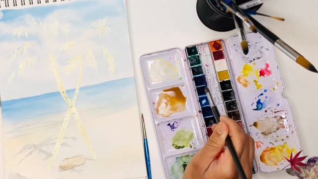 How to paint a beach scene in watercolors| Palm trees in watercolors| Tropical beach tutorial смотреть онлайн