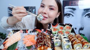 МУКБАНГ видео с мужем КОГДА? САШИМИ РОЛЛЫ СУШИ ЛОСОСЬ УГОРЬ mukbang