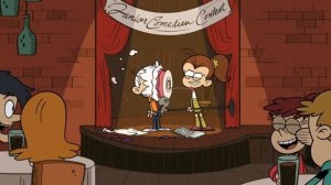 Luan shoving cake at Lincoln's face and correcting his joke while the audience laughs for 10 minute