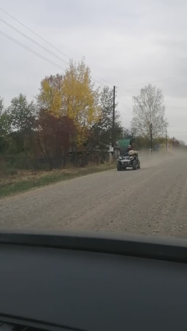 Трасса. Едем по деревне, навстречу квадрик.