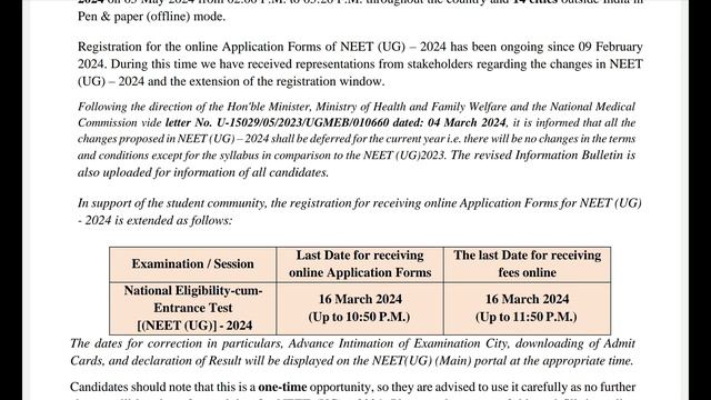 NEET 2024 Application dates extended till 16 March. Is NEET 2024 application form extended ?